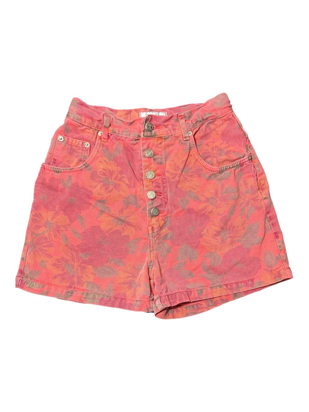 NO EXCUSES Vintage 90s Coral Pink Floral High-Waist Button-Front Shorts